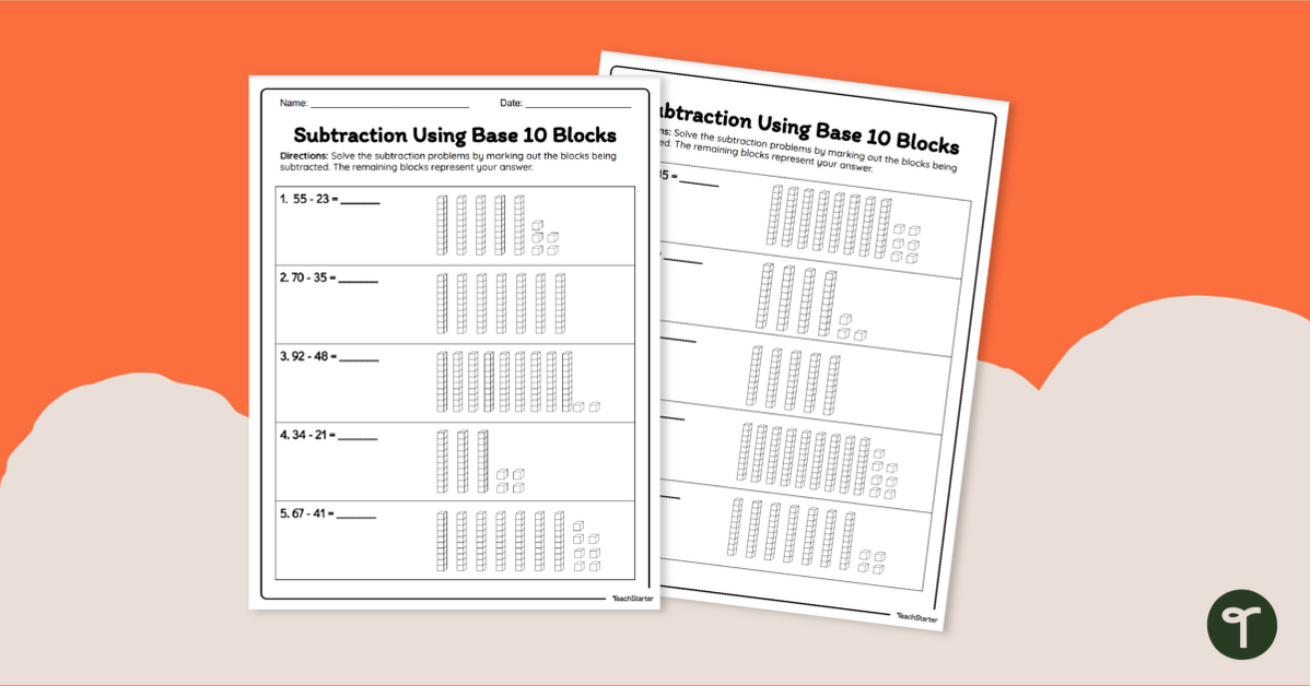 Subtraction Using Base 10 Blocks - Worksheet teaching resource
