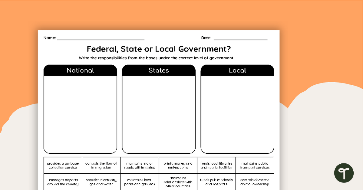 Federal, State or Local Government? - Worksheet teaching resource