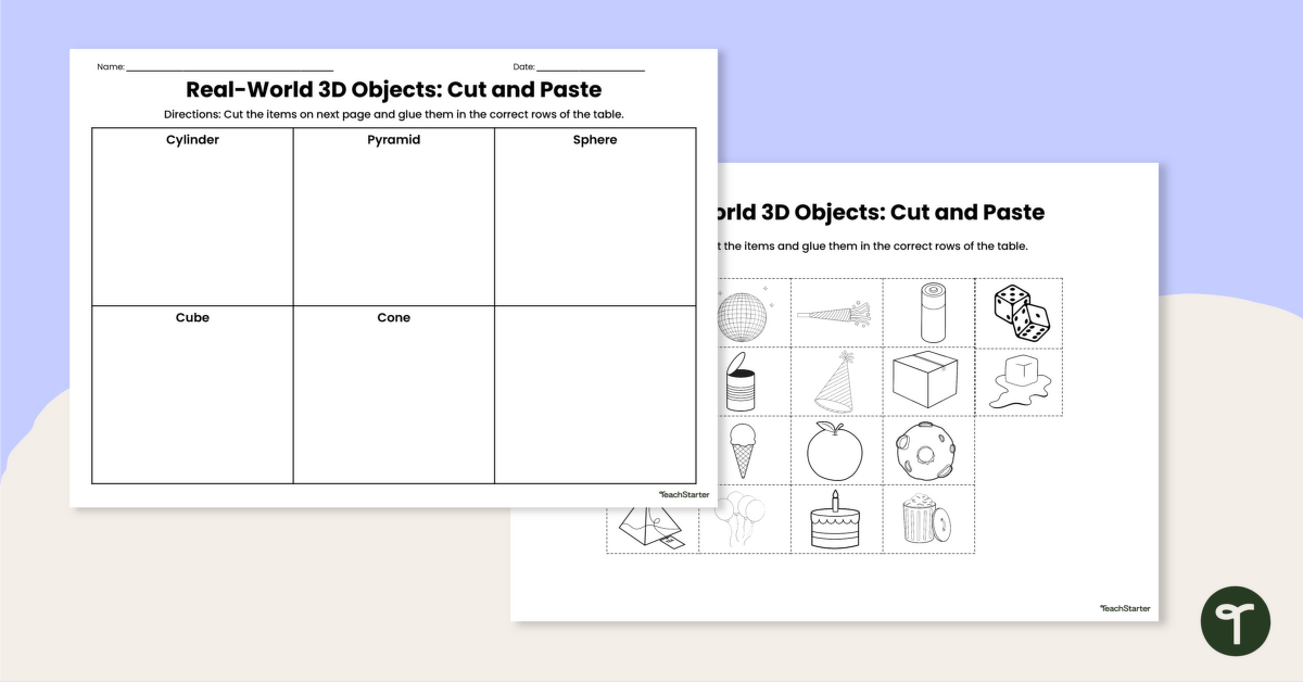 Real-World 3D Objects - Cut and Paste Worksheet teaching resource