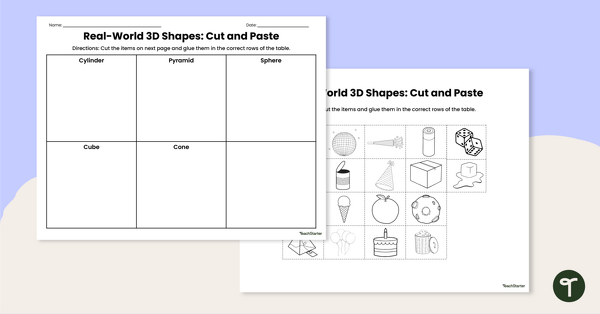 Real-World 3D Shapes - Cut and Paste Worksheet teaching resource