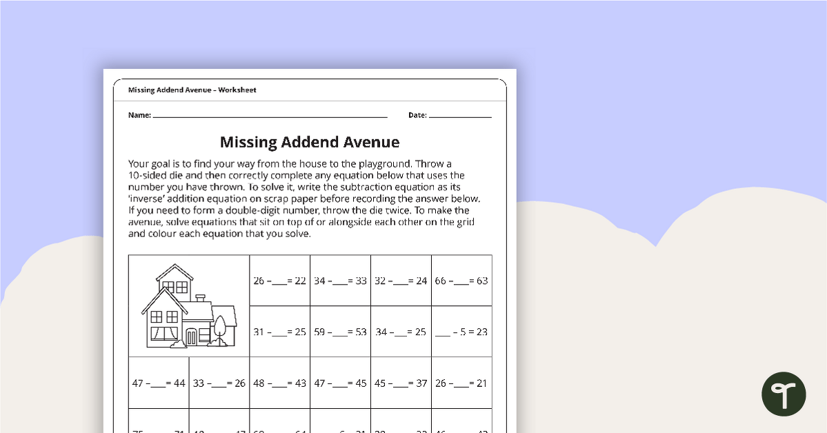 Missing Addend Avenue - Find the Missing Number Worksheet teaching resource