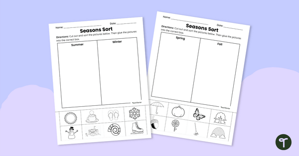 Go to Four Seasons Picture Sorting – Cut and Paste Worksheets teaching resource