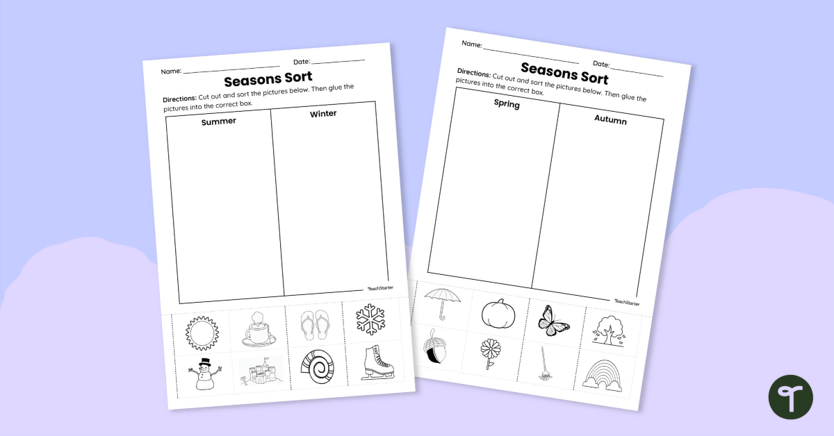Four Seasons Picture Sorting – Cut and Paste Worksheets teaching resource