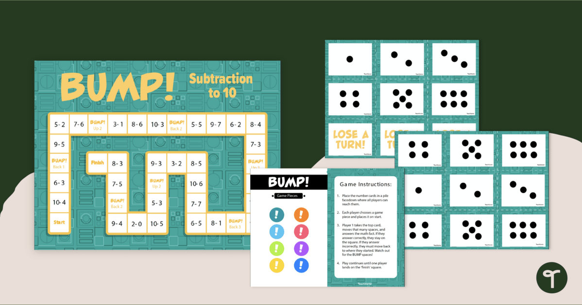 Bump! Subtraction to 10 Math Game teaching resource