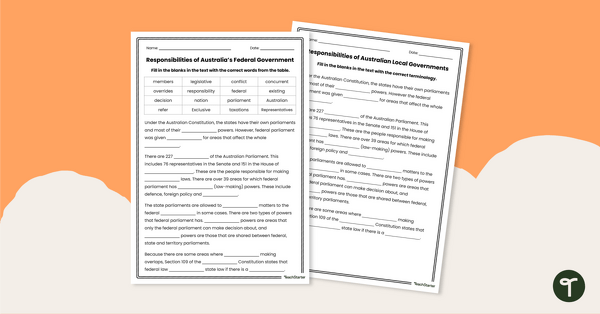Go to Responsibilities of Australia's Federal Government - Cloze Worksheet teaching resource
