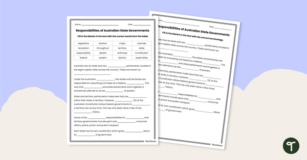 Go to Responsibilities of Australia's State Governments - Cloze Worksheet teaching resource