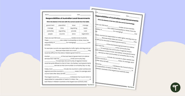 Go to Responsibilities of Australian Local Governments - Cloze Worksheet teaching resource