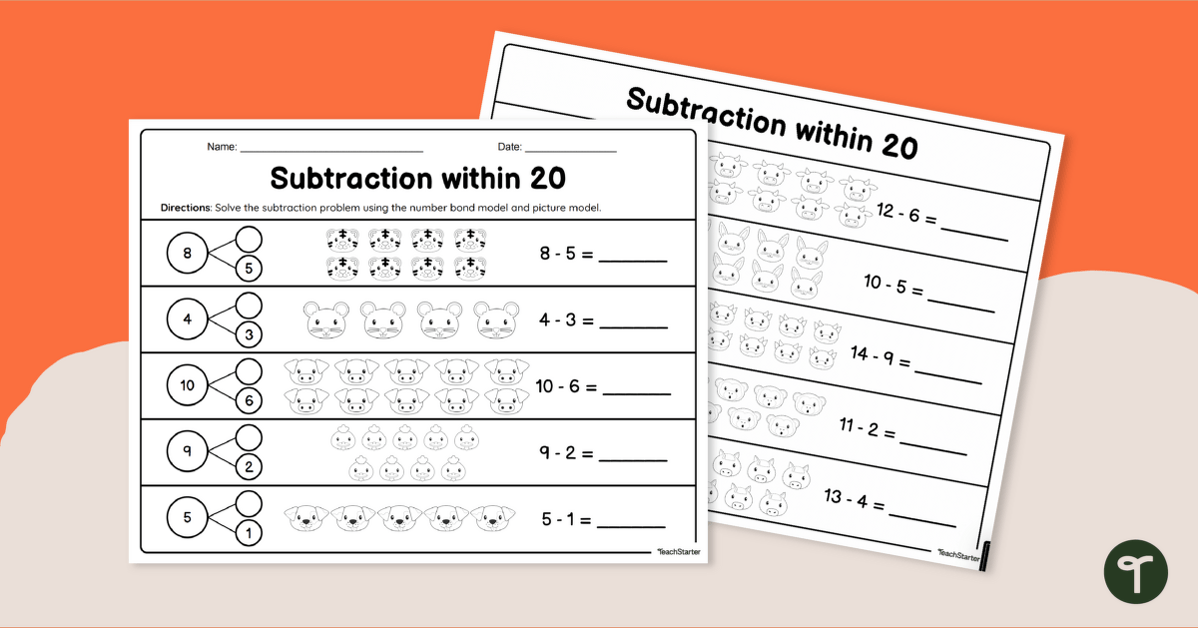 Subtraction within 20 –  Number Bond Worksheet teaching resource