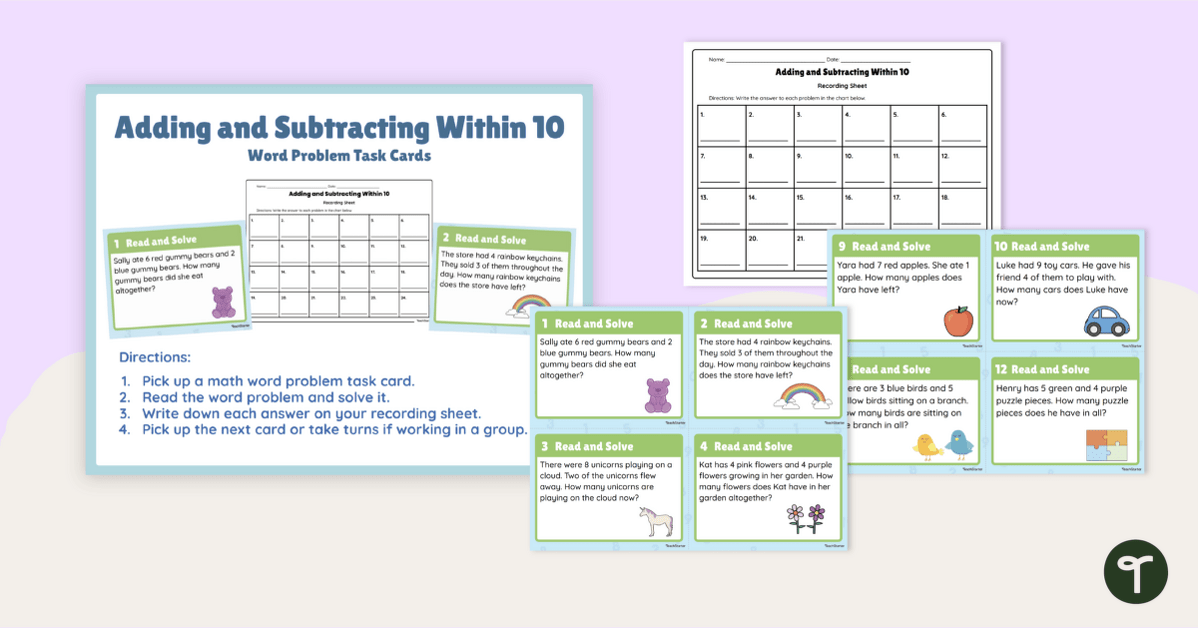 Adding and Subtracting Within 10 - Word Problem Task Cards teaching resource