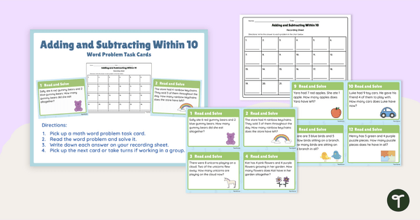 Go to Adding and Subtracting Within 10 - Word Problem Task Cards teaching resource