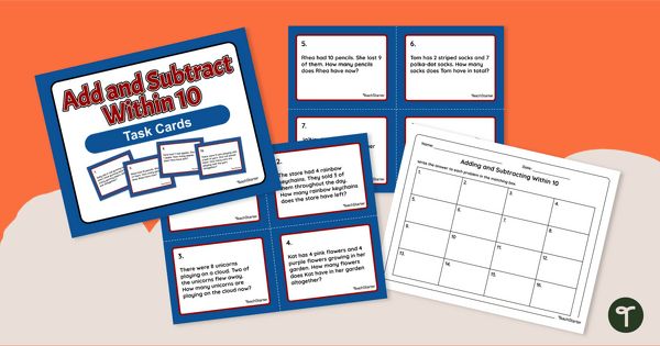 Adding and Subtracting Within 10 - Word Problem Task Cards teaching resource