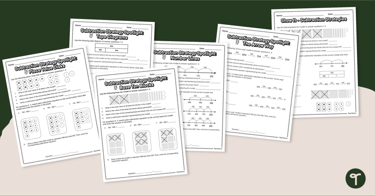3 Digit Subtraction Worksheets - Subtraction Strategy Practice teaching resource