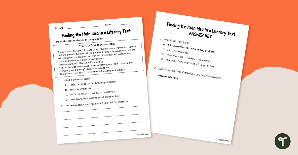 Finding the Main Idea in a Literary Text Worksheet teaching resource