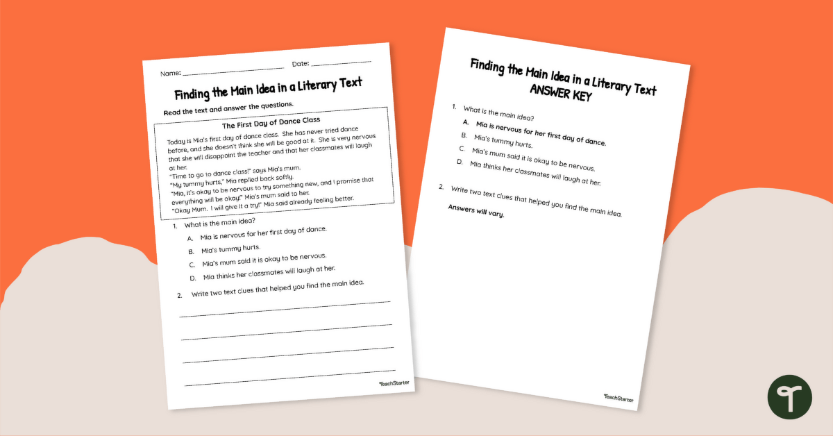 Finding the Main Idea in a Literary Text Worksheet teaching resource