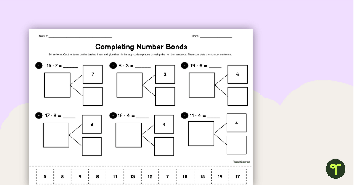 Number Bonds Worksheet- Cut and Paste teaching resource