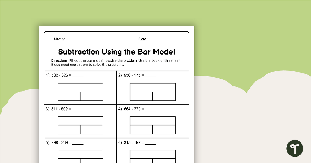 3-Digit Subtraction - Bar Model Worksheet teaching resource
