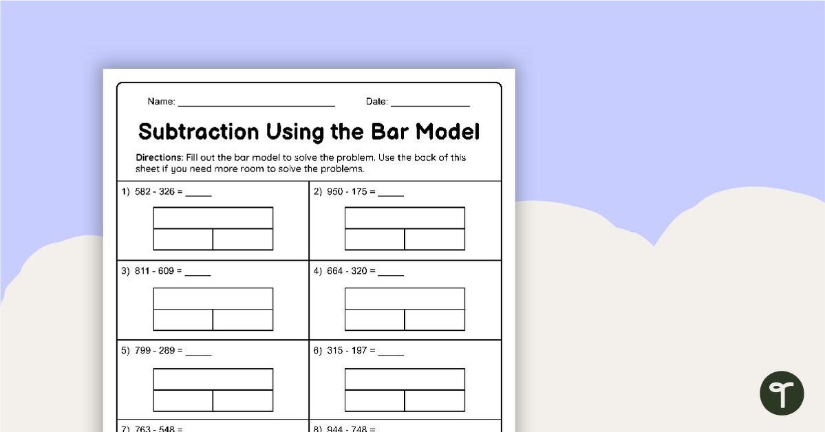 Subtraction Using the Bar Model - Worksheet teaching resource