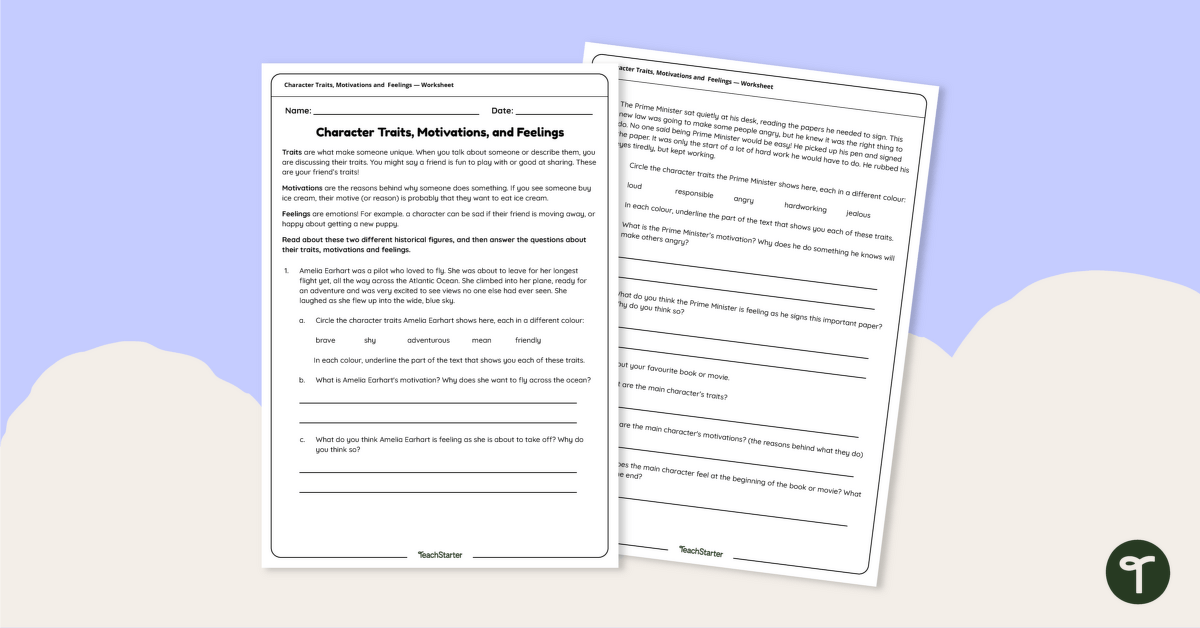 Character Traits, Motivations, and Feelings - Worksheet teaching resource