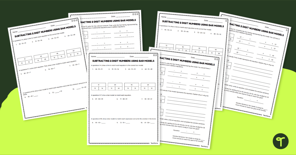 2-Digit Subtraction Using Bar Models- Differentiated Worksheets teaching resource