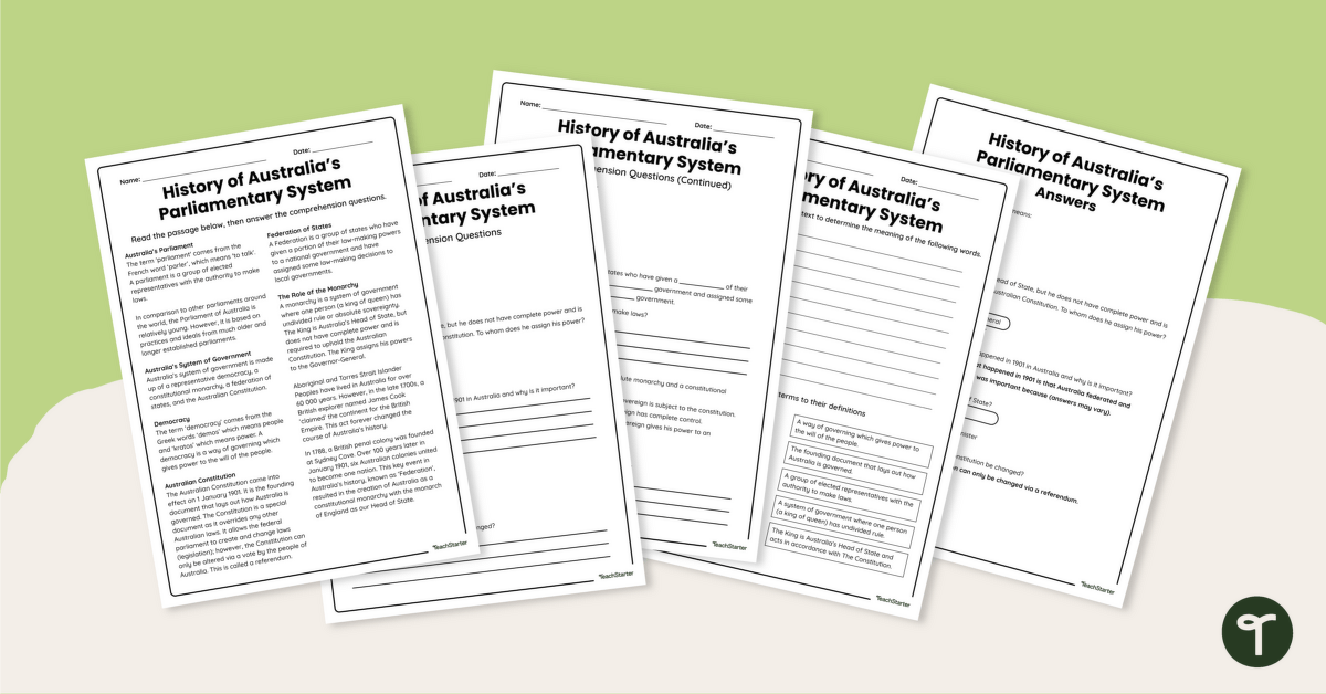 The History of Australia's Parliamentary System - Comprehension Worksheets teaching resource