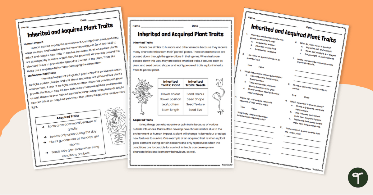 Inherited and Acquired Traits of Plants - Comprehension Worksheet teaching resource