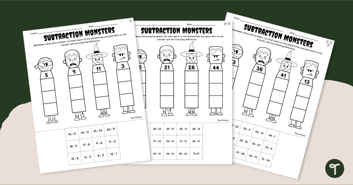 Making Monsters Subtraction - Halloween Math Worksheet teaching resource
