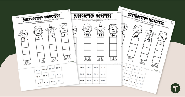 Go to Making Monsters Subtraction - Halloween Math Worksheet teaching resource