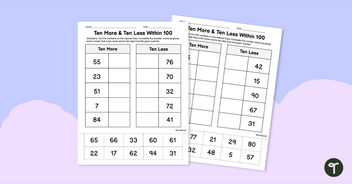 Ten More and Ten Less - Cut and Paste Worksheet teaching resource