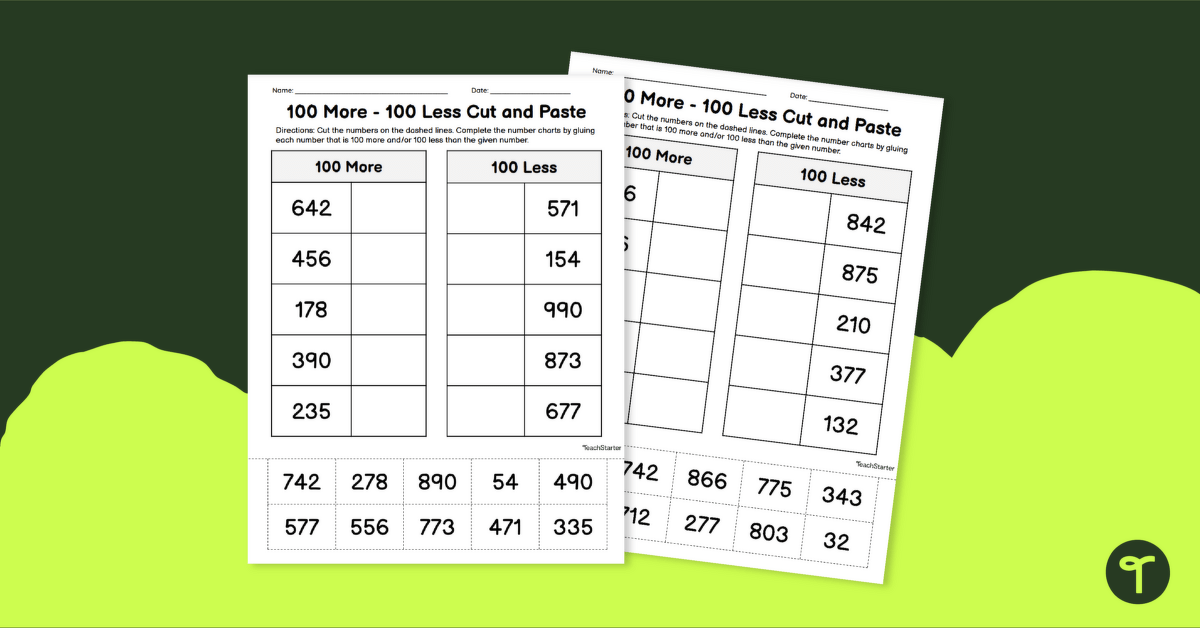 100 More and Less Worksheets - Cut and Paste teaching resource