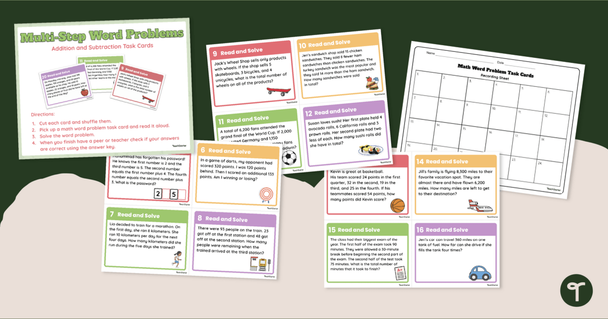 Multi-Step Addition and Subtraction Word Problem Task Cards teaching resource