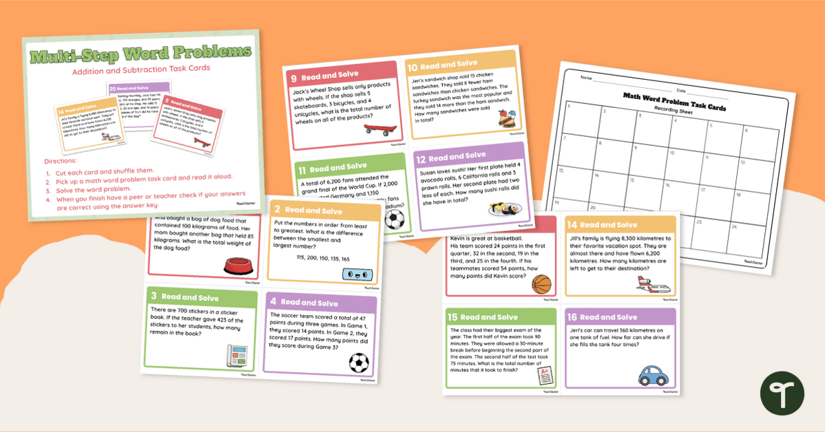 Multi-Step Addition and Subtraction Word Problem Cards – Middle Primary teaching resource