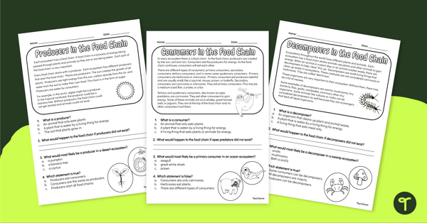 Go to Producer, Consumer, Decomposer - Comprehension Worksheets teaching resource