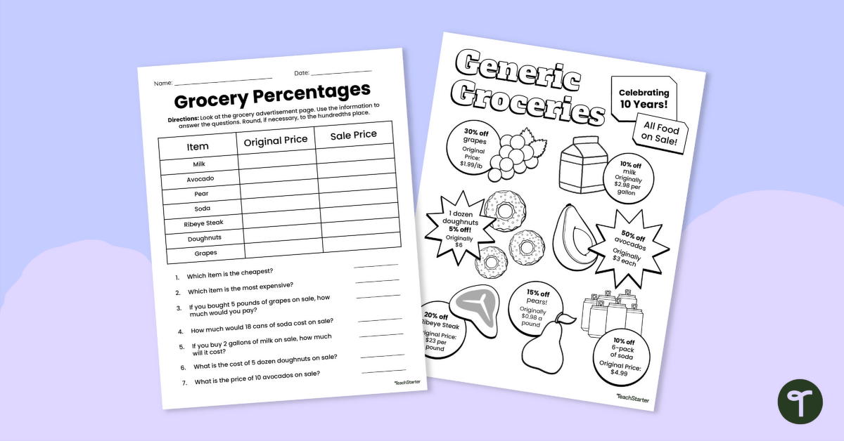 Grocery Percentages – 6th Grade Math Worksheet teaching resource