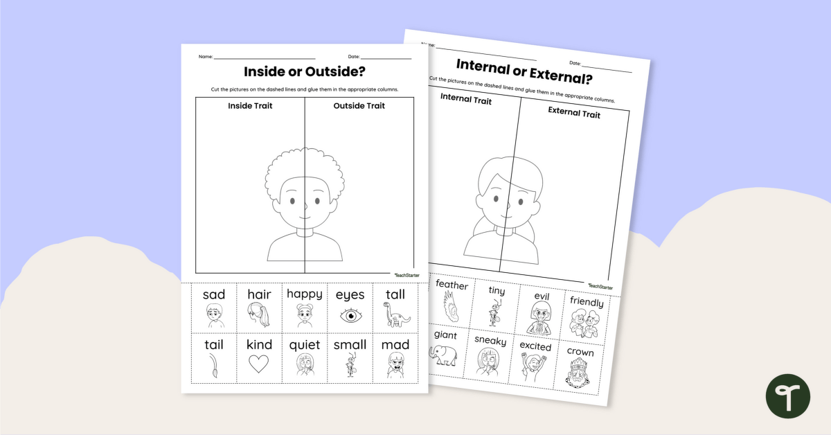 Internal and External Character Traits - Cut and Paste Worksheet teaching resource