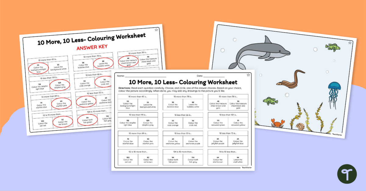 10 More, 10 Less Colouring Worksheets (Differentiated) teaching resource