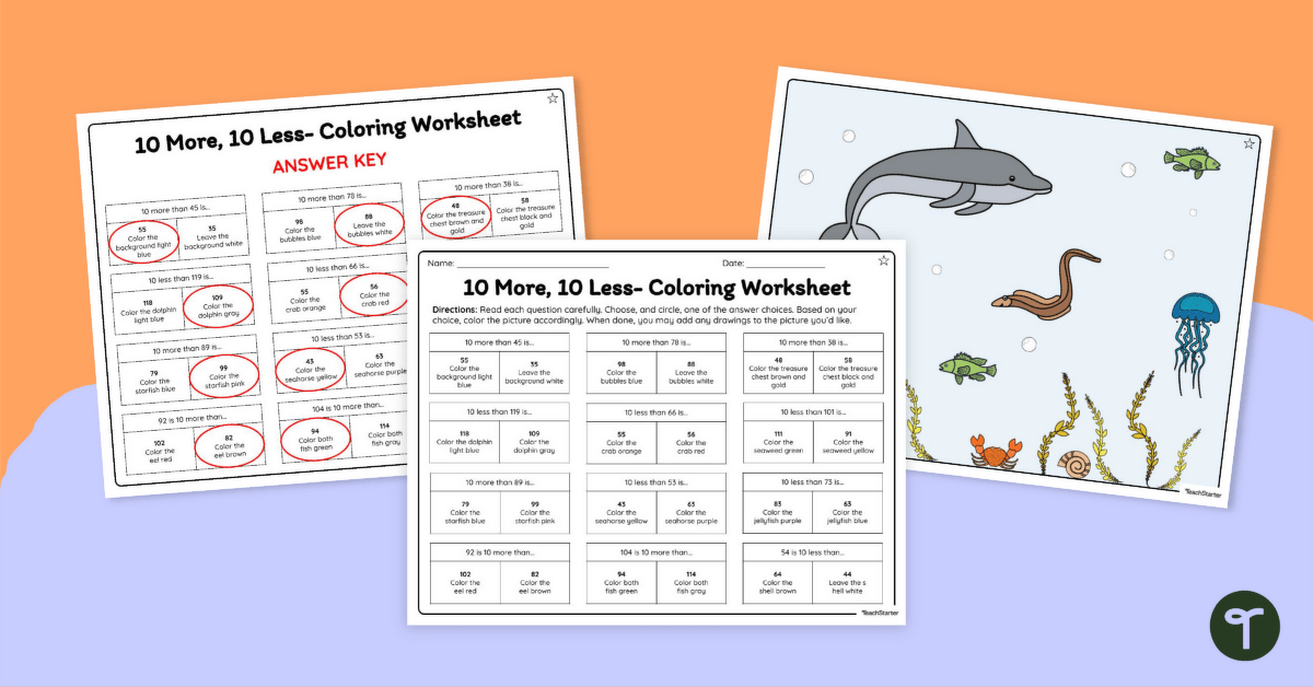 10 More, 10 Less Coloring Worksheets (Differentiated) teaching resource