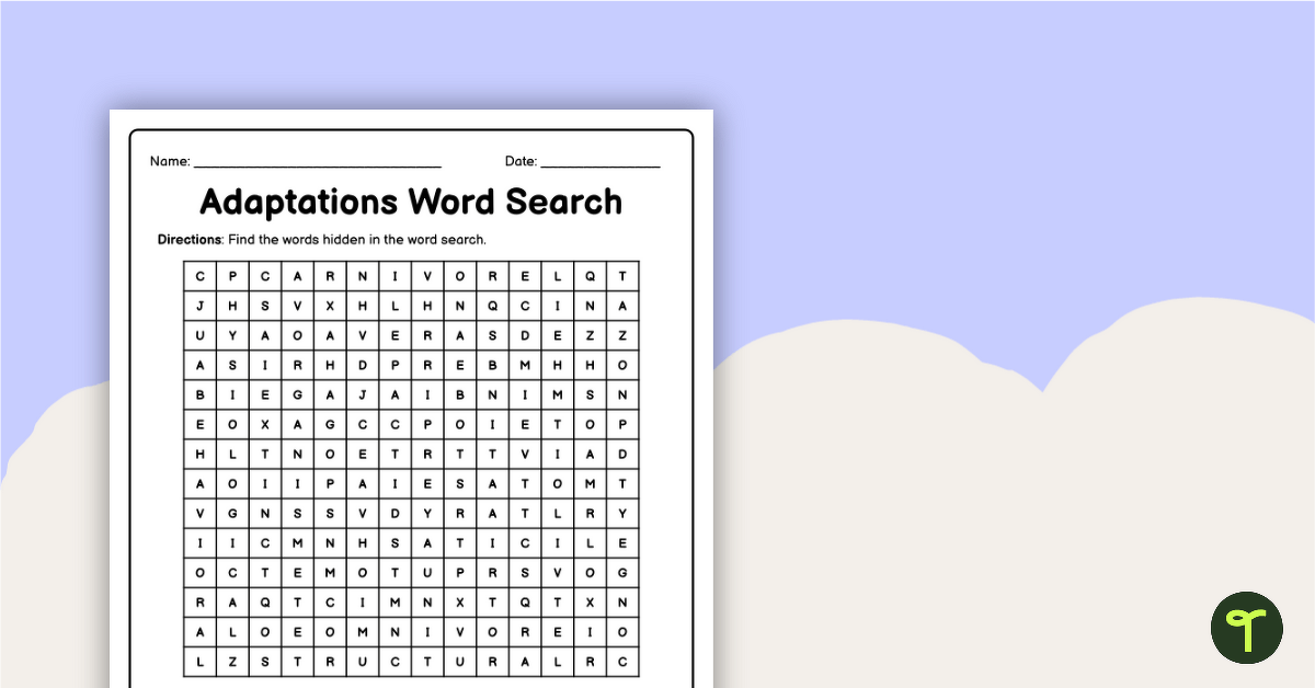 Animal Adaptations Word Search teaching resource