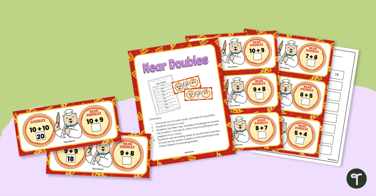 Pizza-Themed Near Doubles Task Cards teaching resource