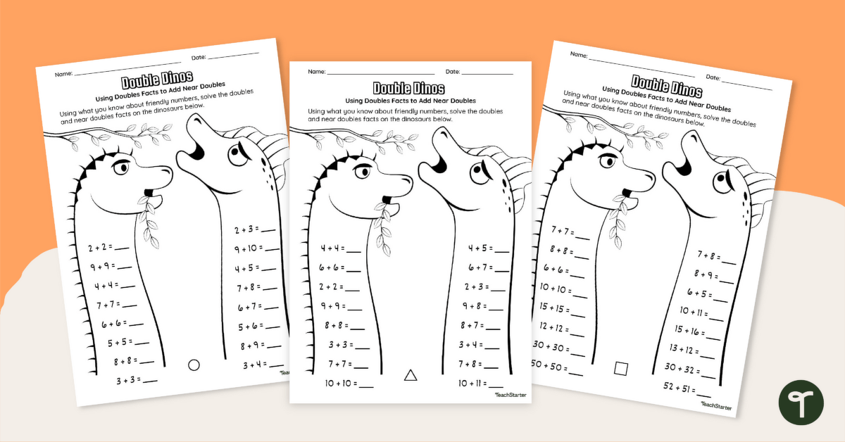 Double Dinos - Using Doubles Facts to Add Near Doubles Worksheet teaching resource