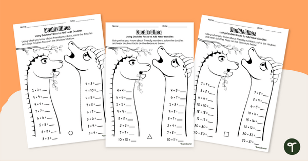Go to Double Dinos - Using Doubles Facts to Add Near Doubles Worksheet teaching resource