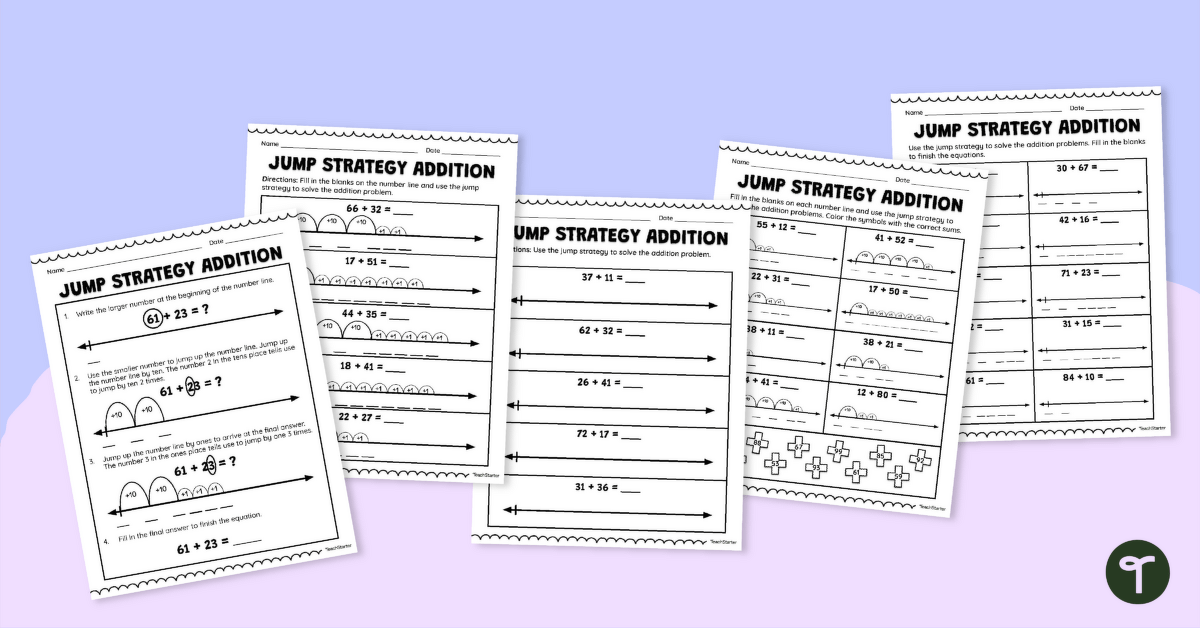 Jump Strategy Addition Worksheet Pack teaching resource