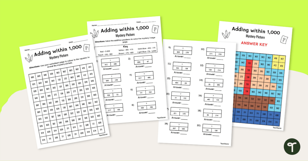 Adding within 1000 Mystery Image Reveal Worksheet teaching resource