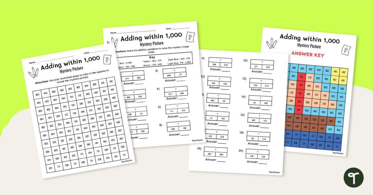 Adding within 1,000 Mystery Image Reveal Worksheet teaching resource