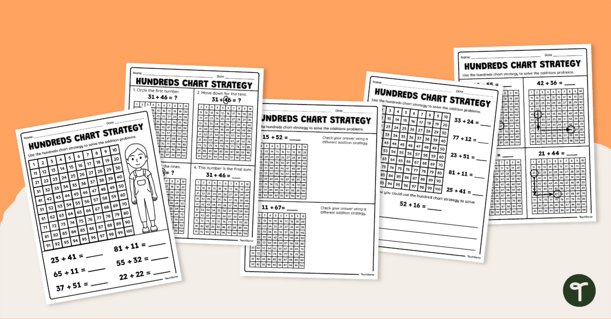 Hundreds Chart Strategy Addition Worksheet Pack teaching resource