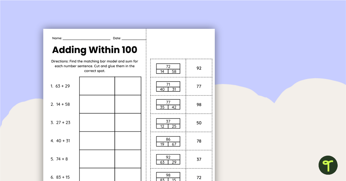 Adding with the Bar Model Cut and Paste Worksheet teaching resource