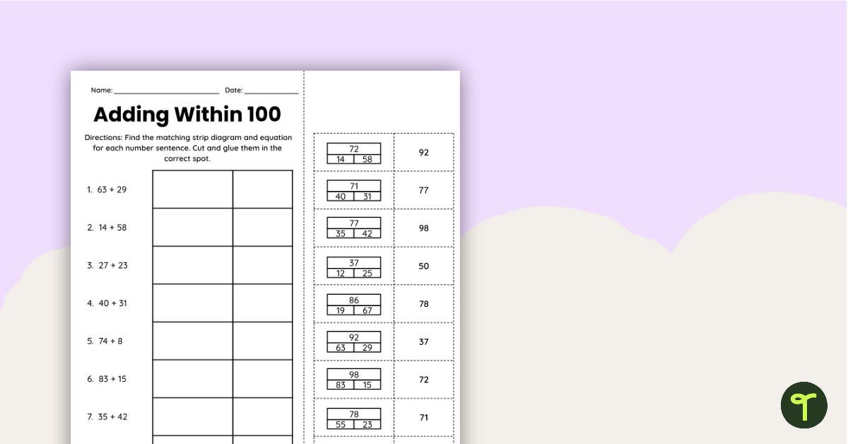 Adding with Strip Diagram Cut and Paste Worksheet teaching resource