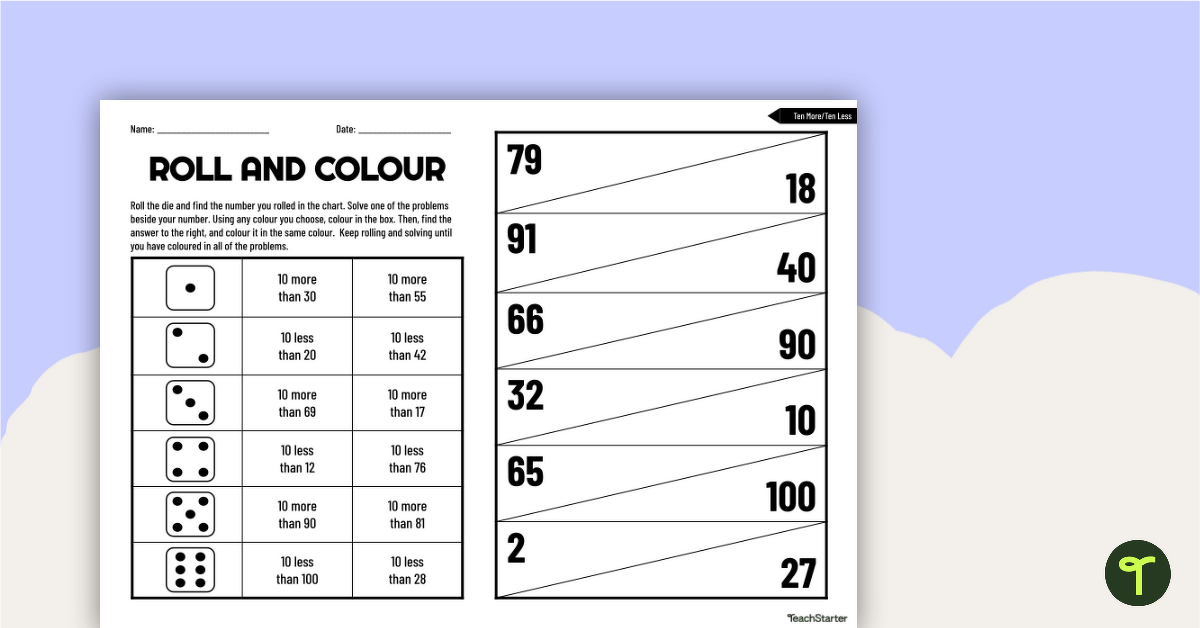 Roll and Colour Worksheet for Ten More, Ten Less teaching resource