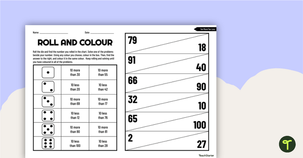 Go to Roll and Colour Worksheet for Ten More, Ten Less teaching resource