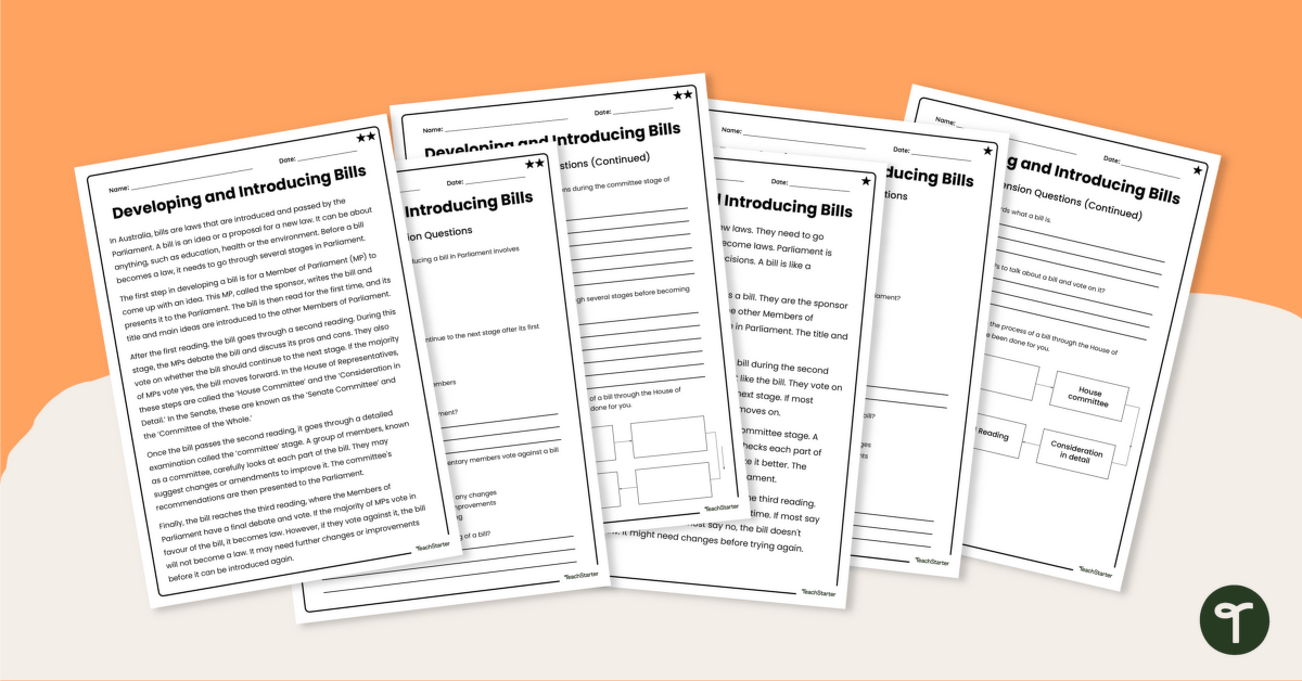 Developing and Introducing Bills – Comprehension Worksheets teaching resource