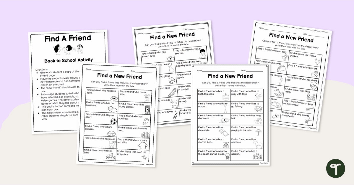Find a Friend - First Day of School Scavenger Hunt Grids teaching resource